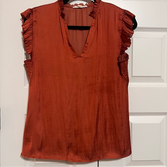 Elegant V-Neck Ruffle Sleeve Top in Rust - Picture 2 of 8